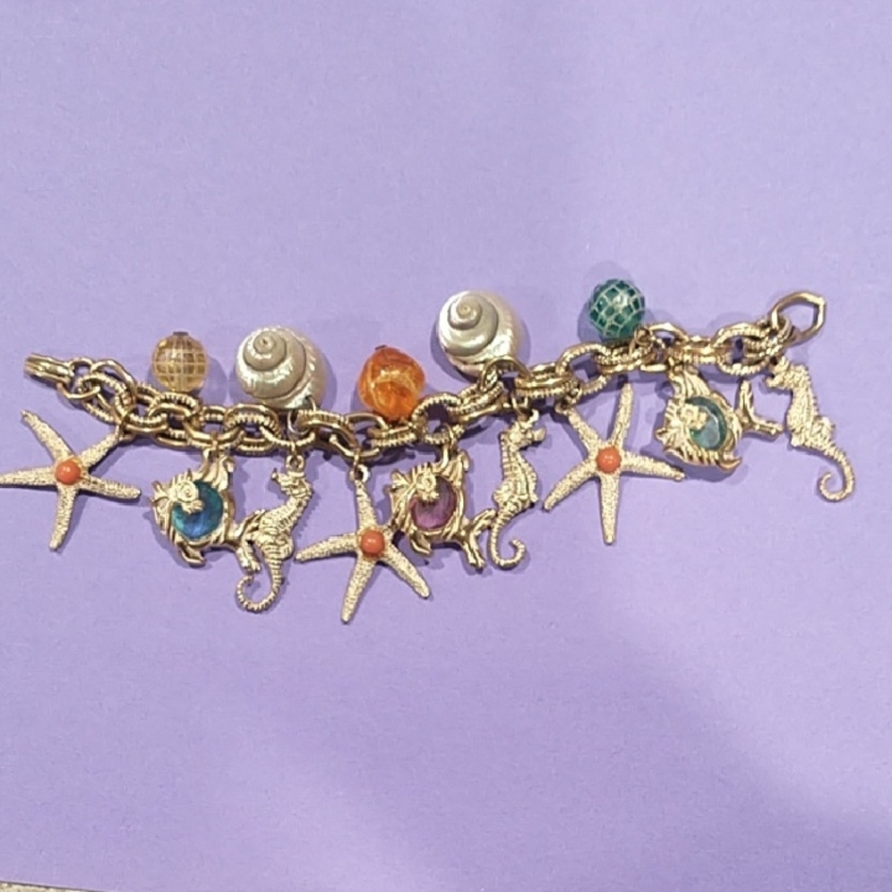 Gold Color Charm Bracelet with Sea Life Accents